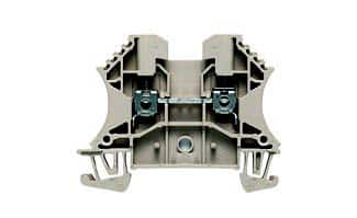 Gray plastic terminal block for electrical wiring, viewed from the front, on a white background.