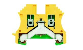 Yellow electrical terminal block with metal connectors and screws, isolated on a white background.