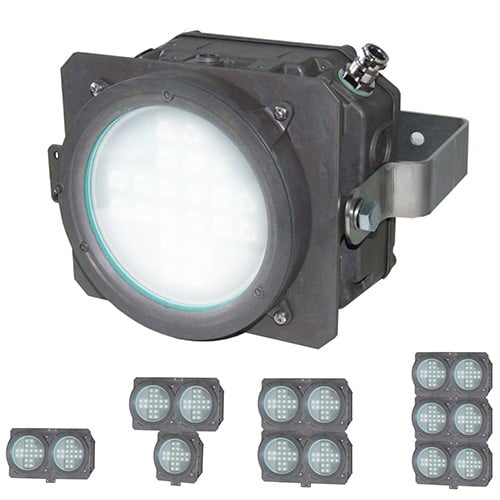 Industrial LED floodlights with round glass covers, shown in different configurations.