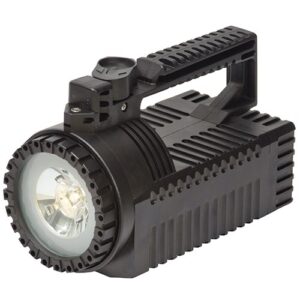 Black industrial searchlight with a handle, shown on a white background.