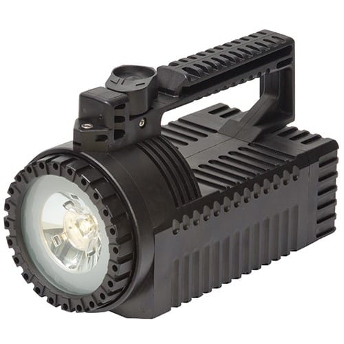 Black industrial searchlight with a handle, shown on a white background.