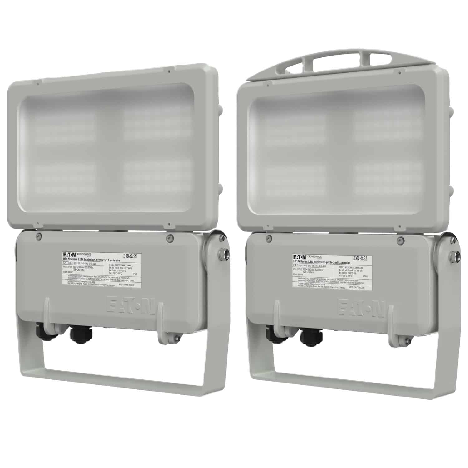 Two gray industrial LED floodlights side by side on a white background.