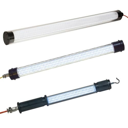 Three different styles of cylindrical handheld LED work lamps with clear covers and black end caps.