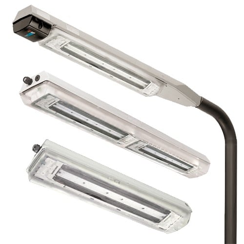 Three rectangular LED linear light fixtures, one mounted on a pole.