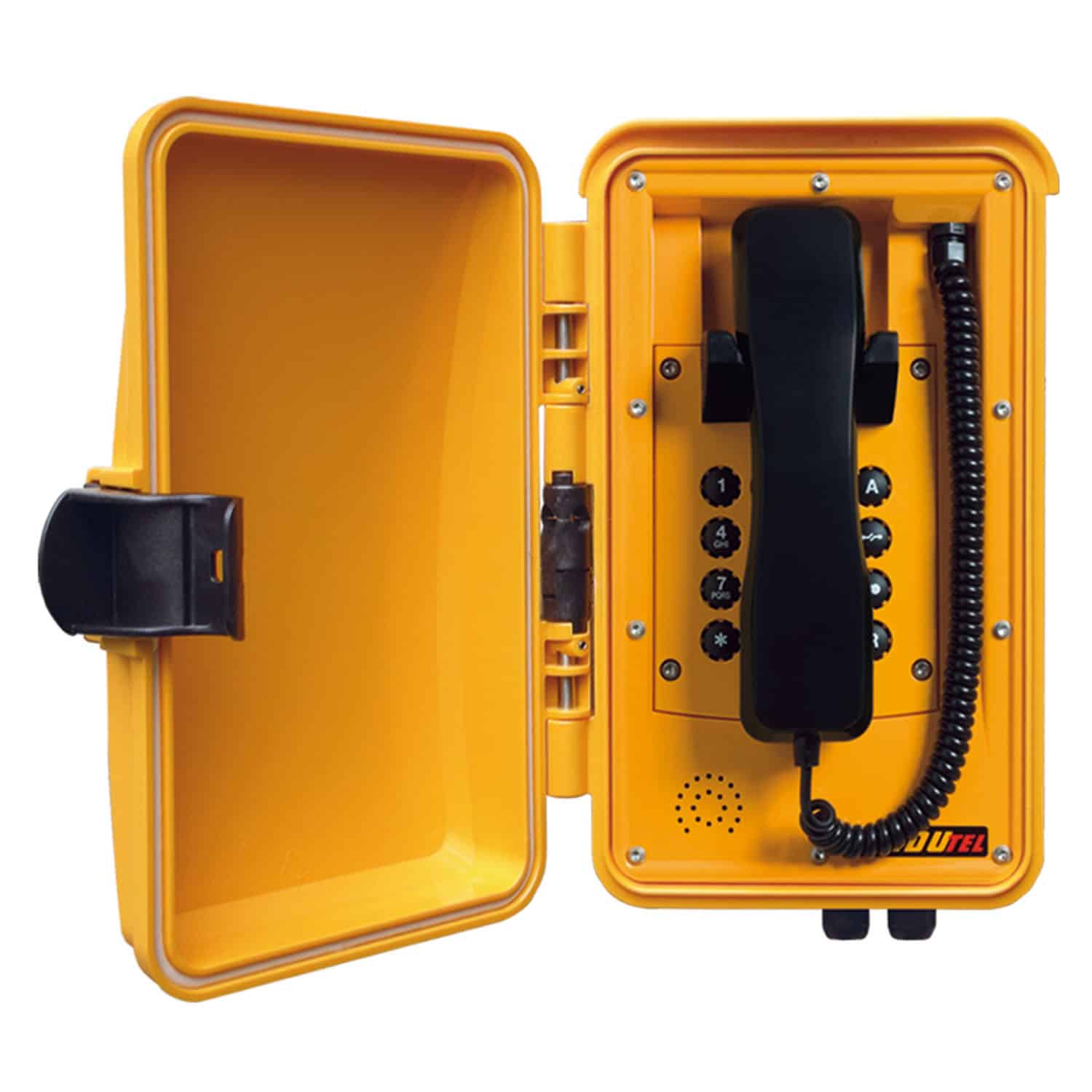 Yellow weatherproof telephone with a black handset and keypad, door open.