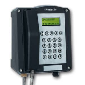 Industrial black wall-mounted telephone with keypad and small display screen.