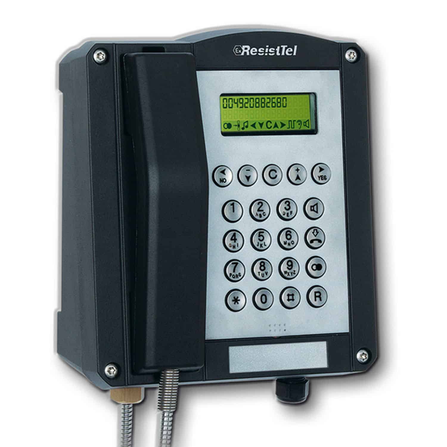 Industrial black wall-mounted telephone with keypad and small display screen.