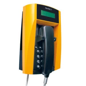 Yellow weatherproof wall-mounted telephone with a keypad and display screen.