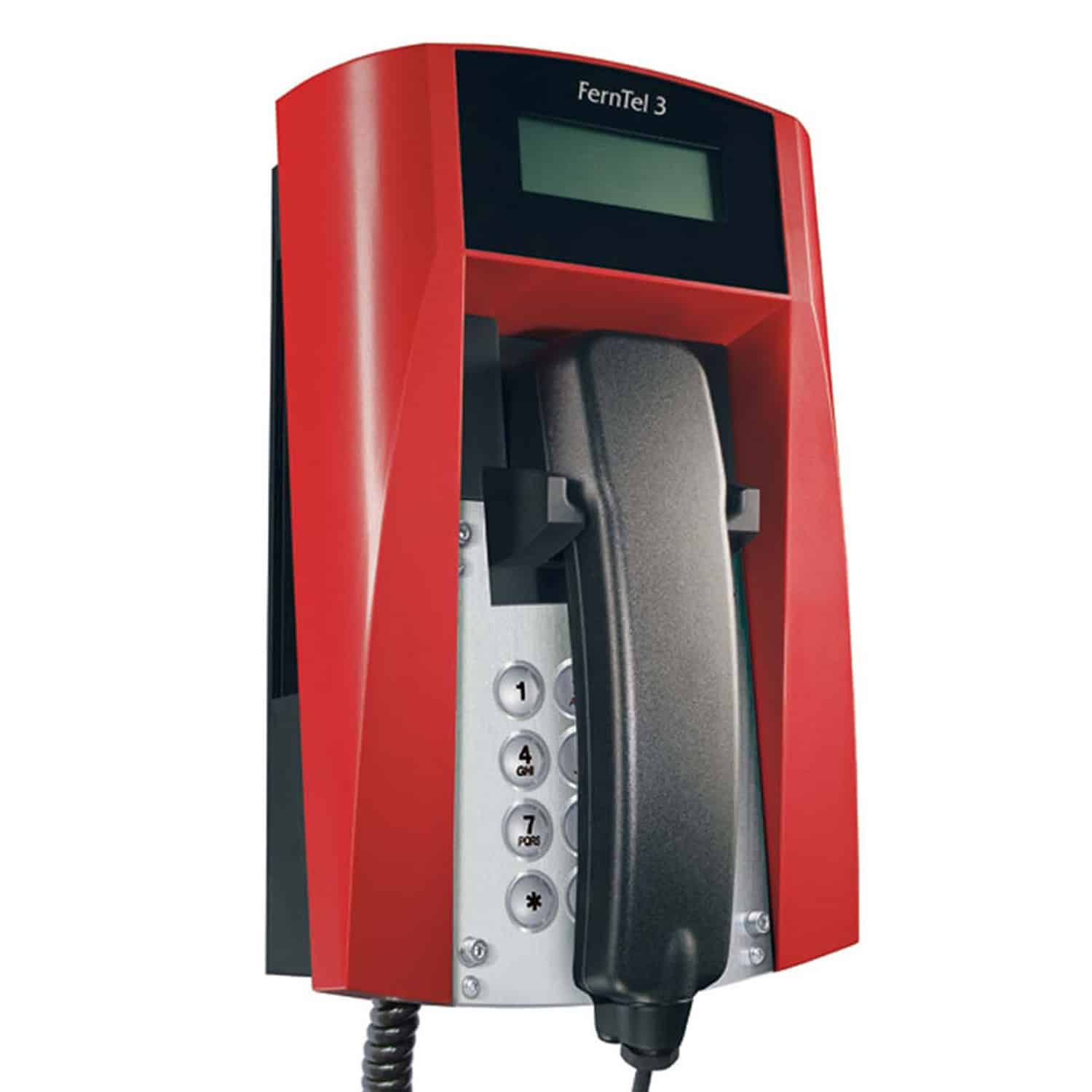 Red wall-mounted industrial phone with a black handset and a small display screen.