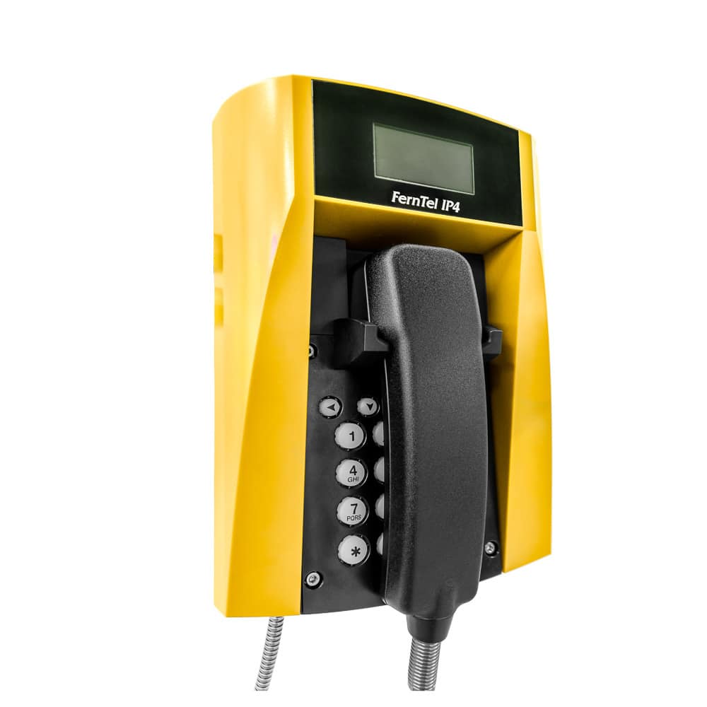 Yellow industrial telephone with a keypad, display, and corded handset.