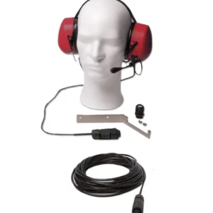 Red industrial headset with microphone on a mannequin head, shown with cable, bracket, and small accessories.