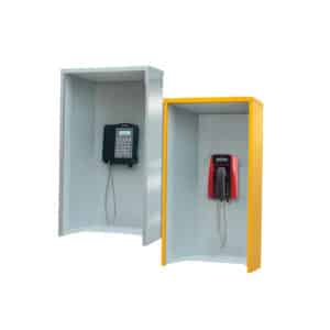 Two industrial telephones in wall-mounted hoods, one grey and one yellow, against a white background.