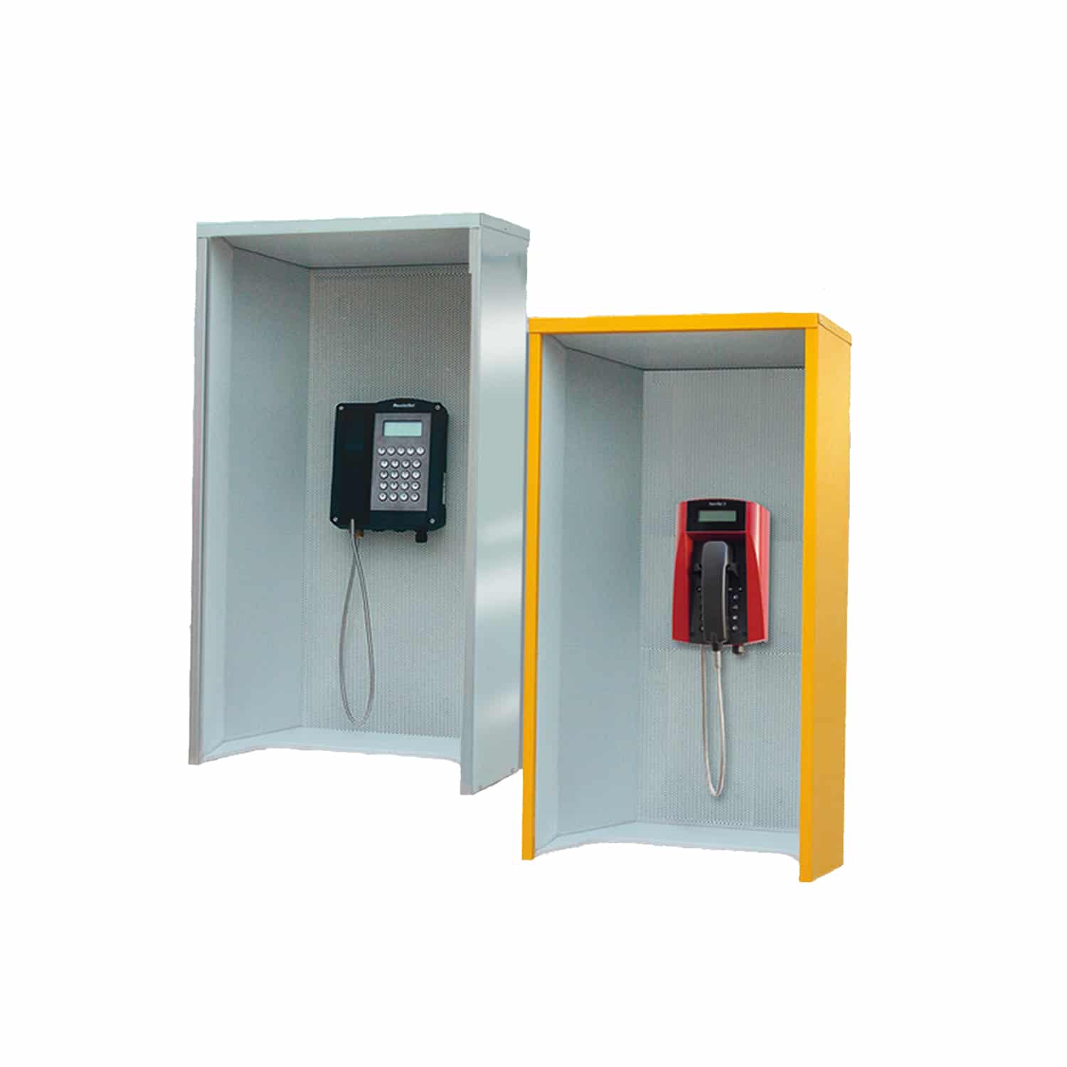 Two industrial telephones in wall-mounted hoods, one grey and one yellow, against a white background.