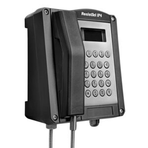 Black weatherproof wall-mounted telephone with keypad and display screen.