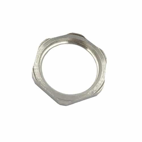 A metal earthing locknut with a hexagonal shape on a white background.