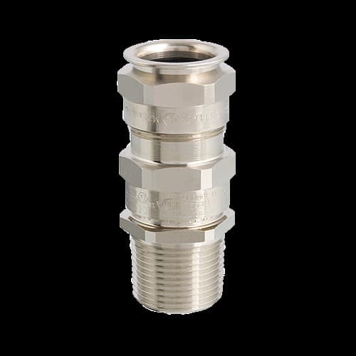 Metal cable gland with hexagonal fittings, designed for secure cable entry and sealing.