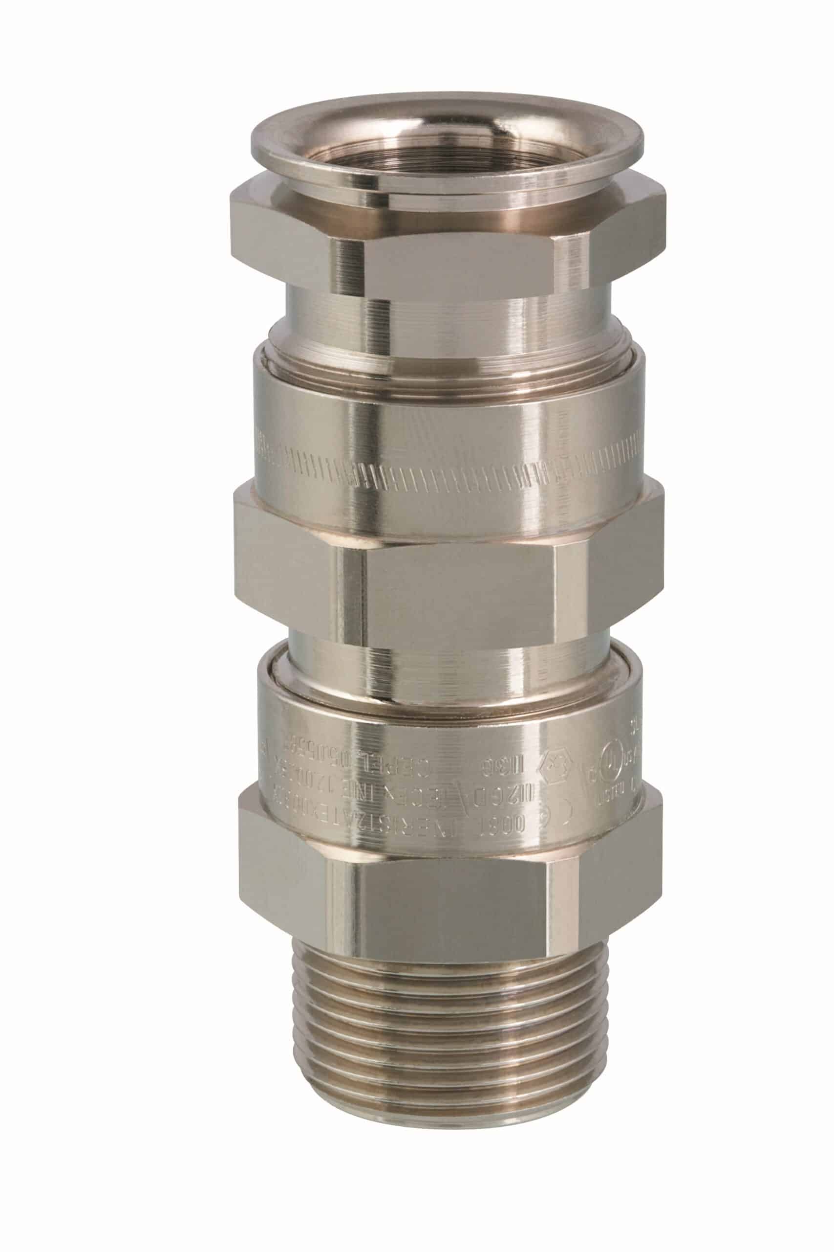 Metal cable gland with threaded end, used for securing and connecting electrical cables.