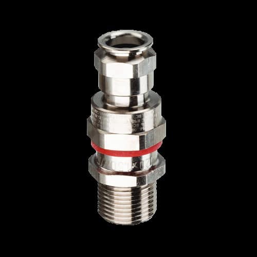 A metal cable gland with a red sealing ring, used for securing and protecting cables.