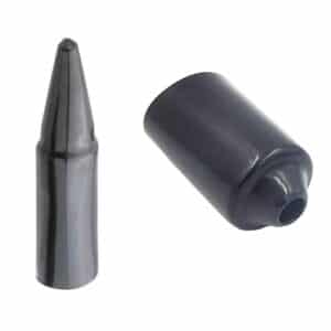 Two black plastic cable gland shrouds, one upright and one on its side.