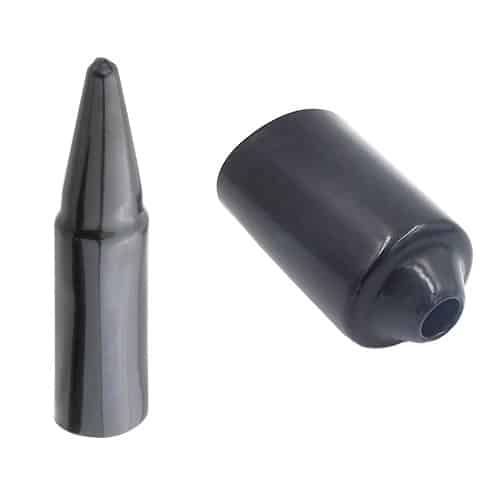 Two black plastic cable gland shrouds, one upright and one on its side.