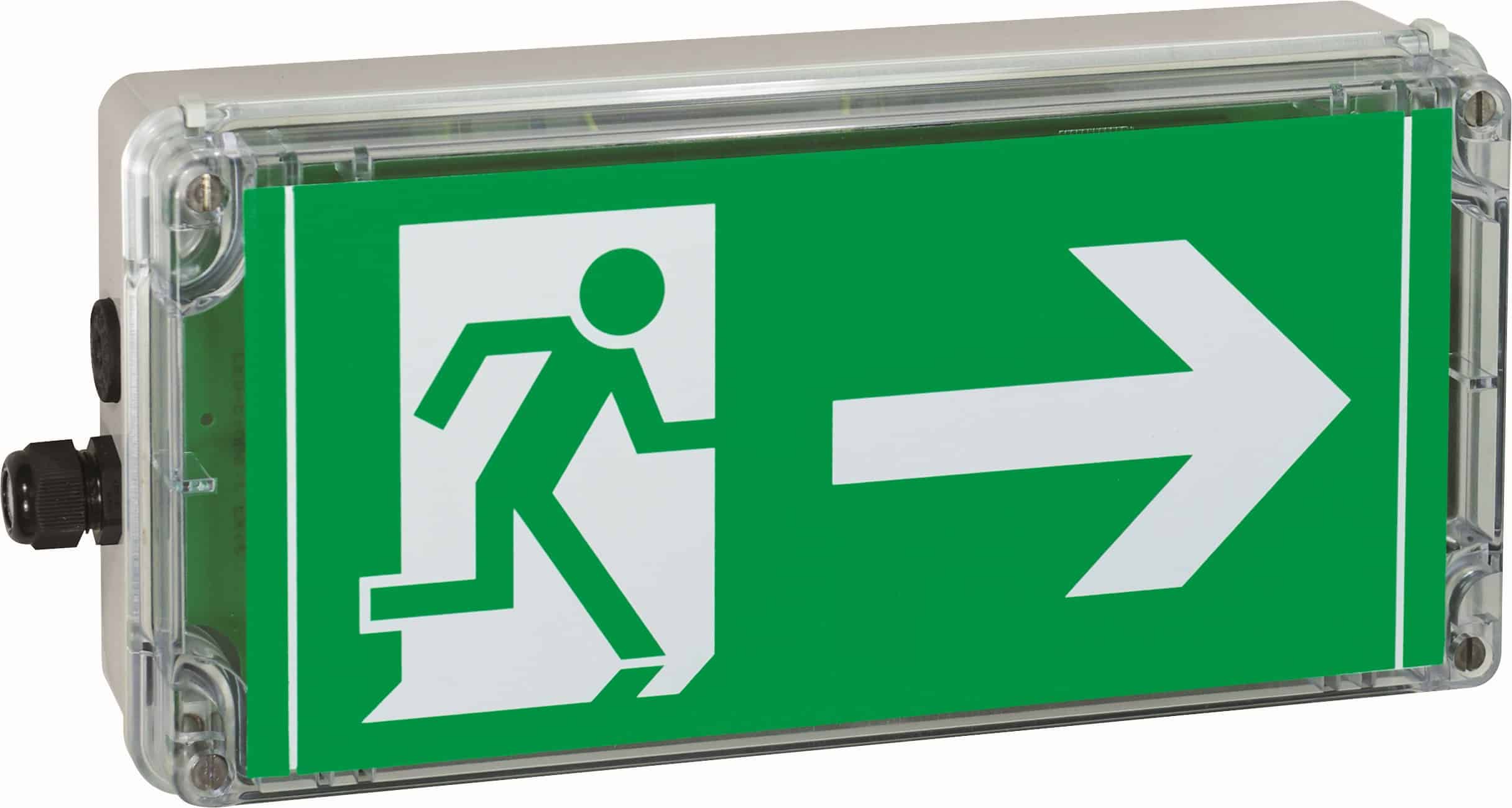 Green emergency exit sign with a running figure and a right-pointing arrow.