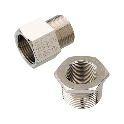 Two silver metal adaptors and reducers with threaded ends, shown on a white background.