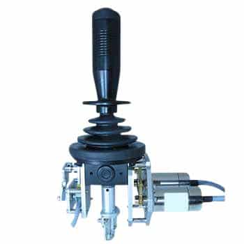 Industrial black joystick with metal base and wiring, isolated on a white background.